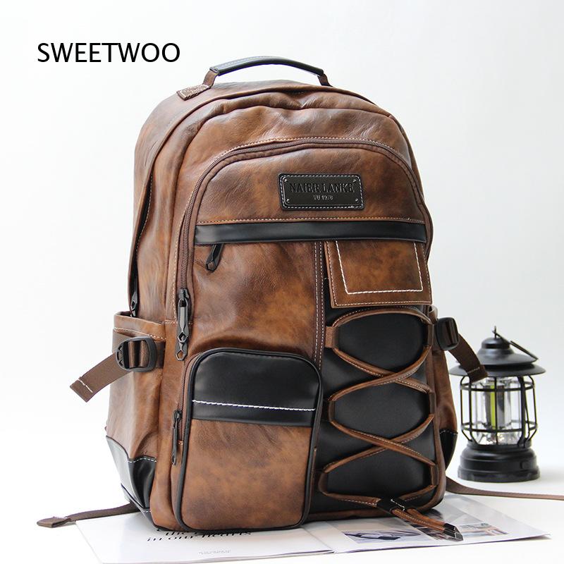 Leather Backpack Vintage - Ransel Kulit Sintetis Warna Cokelat dengan